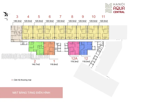 Mặt bằng tầng điển hình dự án tòa nhà hỗn hợp văn phòng, khu dịch vụ thương mại, khách sạn và các căn hộ thương mại Hanoi Aqua Central