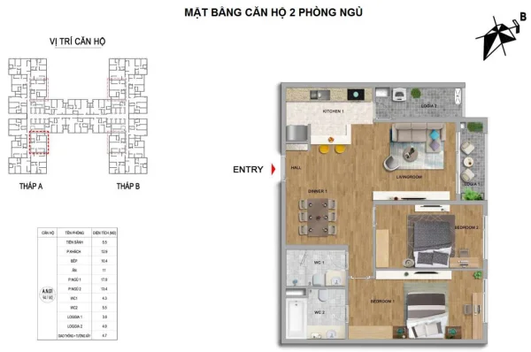 Mặt bằng căn hộ 2 phòng ngủ dự án căn hộ The Zei Mỹ Đình