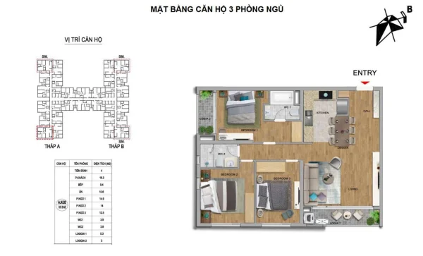 Mặt bằng căn hộ 3 phòng ngủ dự án căn hộ The Zei Mỹ Đình