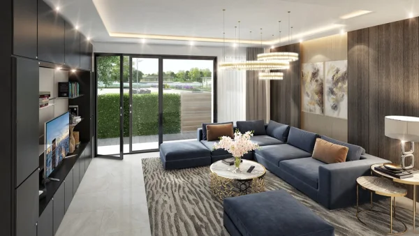 Phối cảnh phòng khách có tầm nhìn hướng hồ của nhà mẫu tiểu khu An Vượng Villas