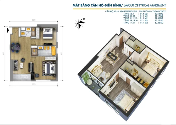 Thiết kế chi tiết căn hộ 2PN tại dự án tổ hợp khách sạn và căn hộ Hà Nội Golden Lake